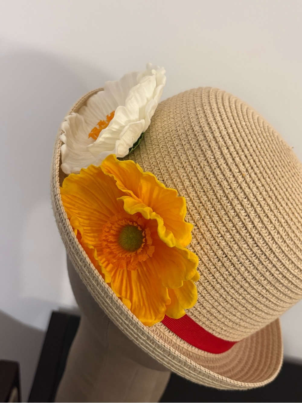 Beige Straw Cloche Hat with Yellow and White Floral Accent